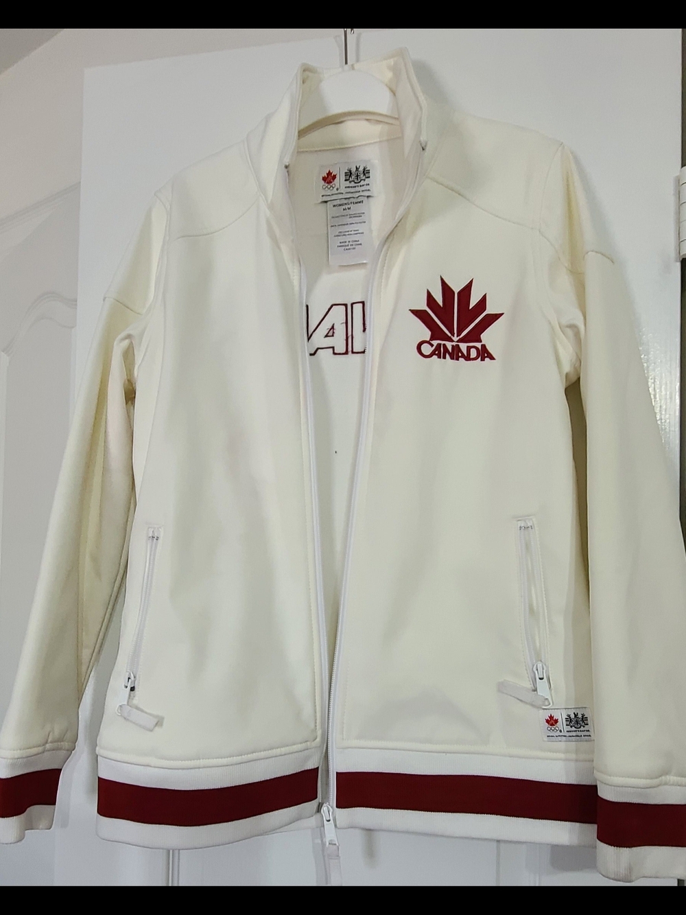 Canada Emblem White Varsity Jacket with Red Trim